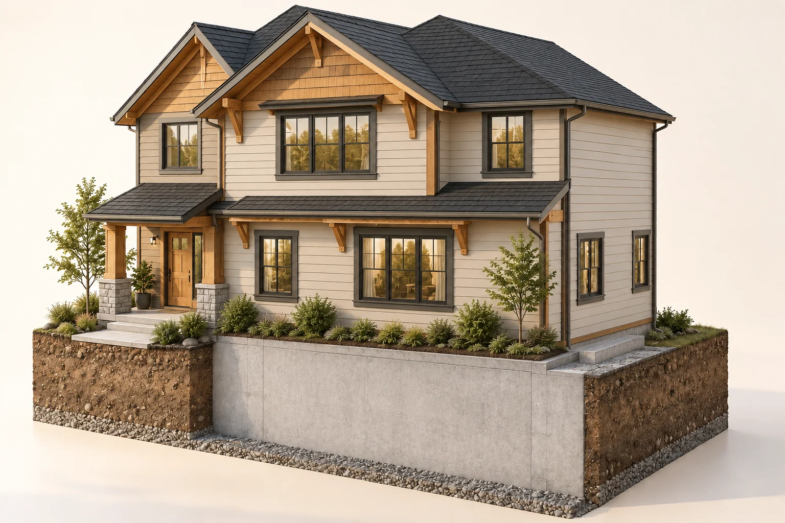 Alternate conceptual exterior view with ivory siding, timber accents and a charcoal pitched roof.