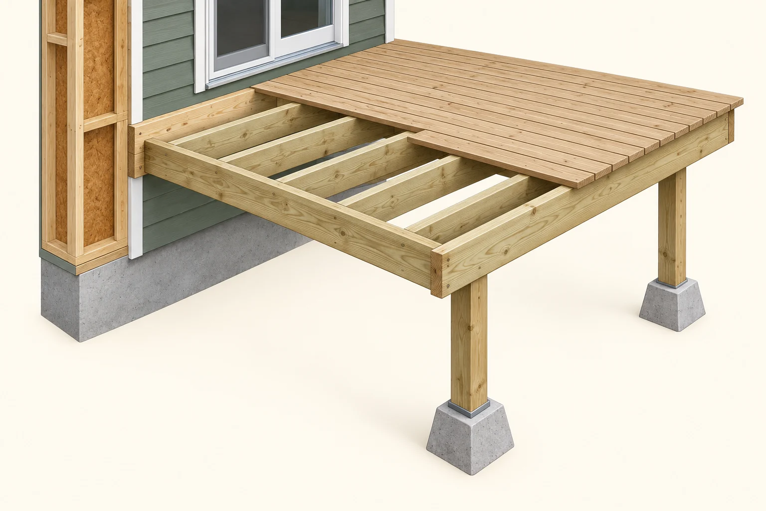 Original three-dimensional timber-deck cutaway shows walking boards, exposed joists, an outer horizontal member, two posts with generic concrete bases and a house-side board beside a wall cutaway. Complete beams, joist hardware, backing, fasteners, bracing, guards and stairs are not established. The picture is a parts lesson, not a demonstrated complete load path.