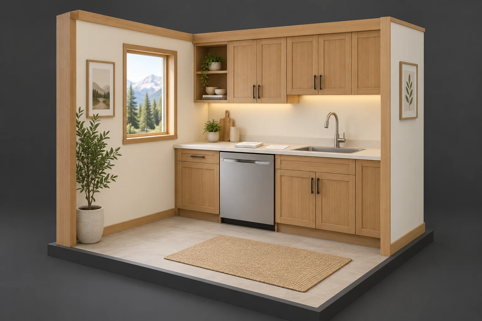 Conceptual timber and cream kitchen with a closed built-in dishwasher beside a closed sink cabinet, a tap and paper-like objects on the counter