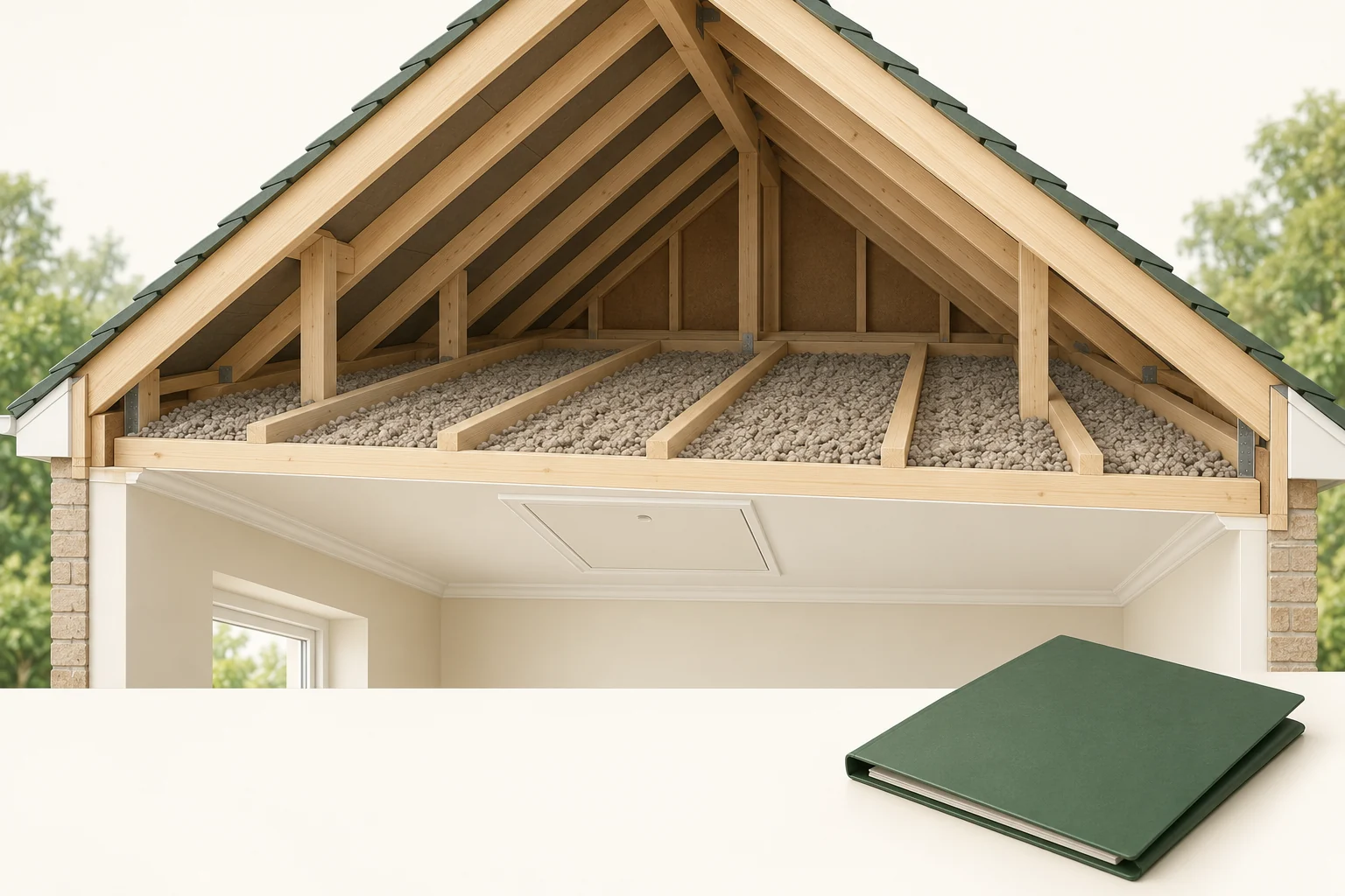 Virtual roof cross-section with beige-grey granular fill between timber joists, a closed ceiling hatch below and a separate closed green folder.