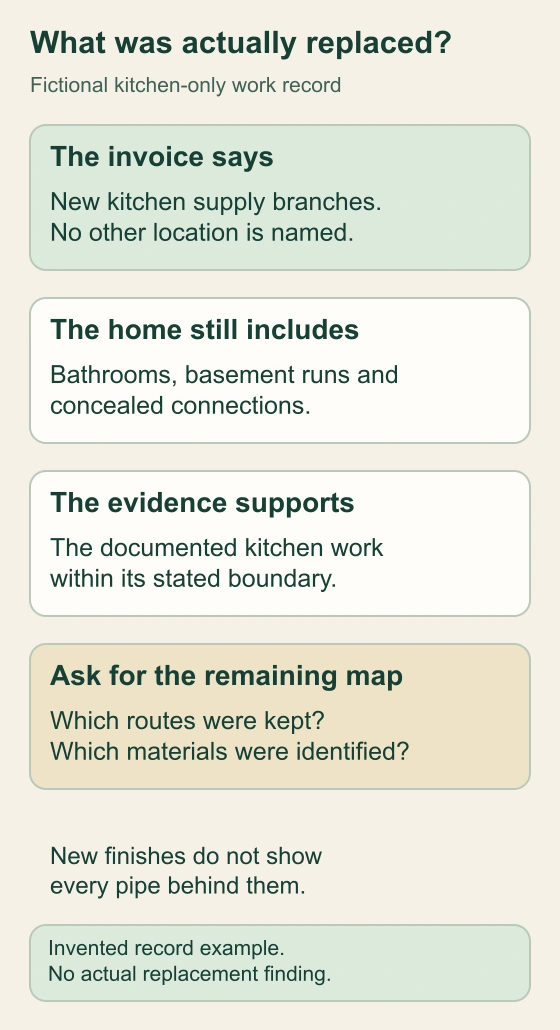 A fictional kitchen supply-branch invoice is compared with bathrooms, basement piping and concealed connections elsewhere. The diagram asks which routes were retained or identified.