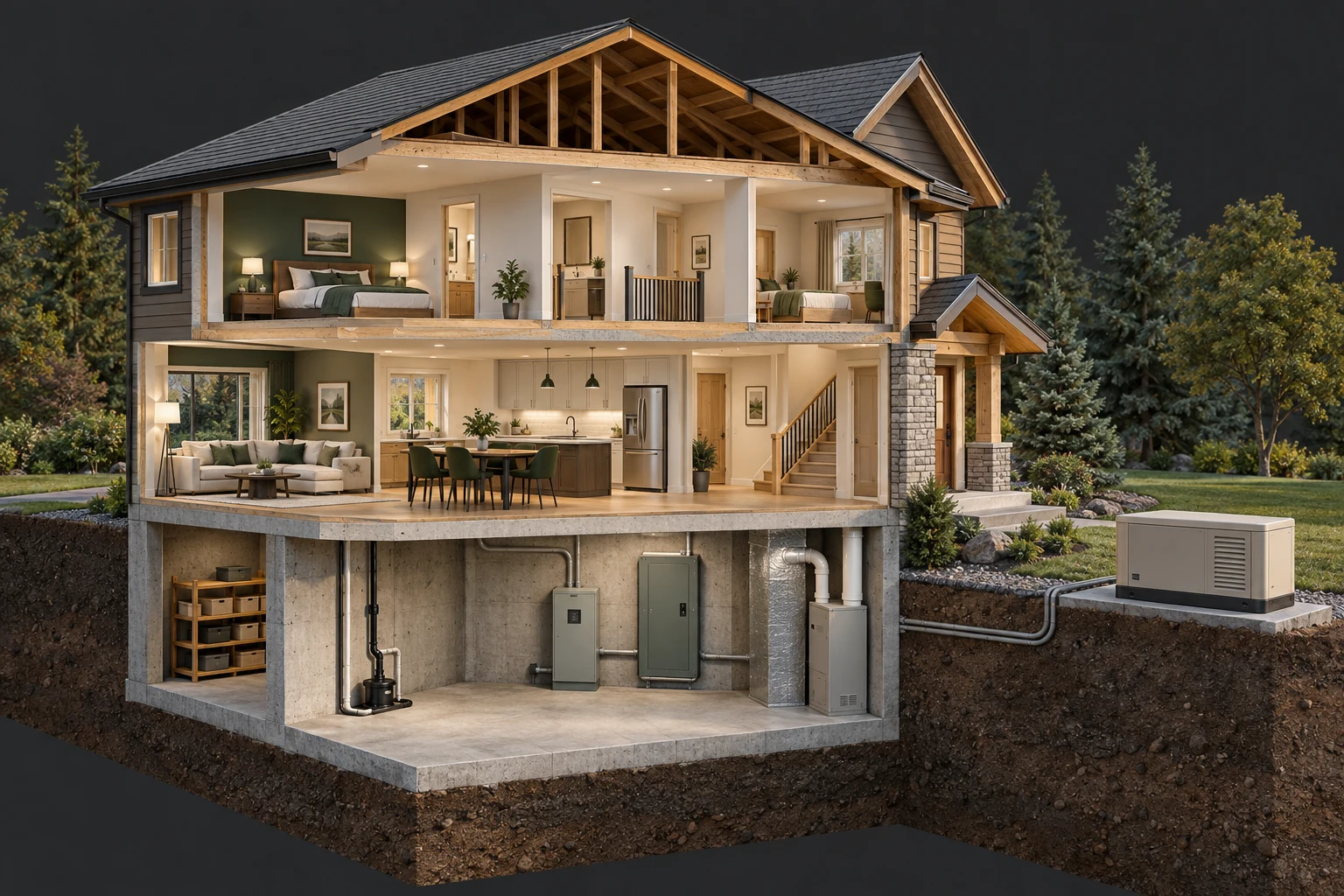 Furnished house cutaway with a closed outdoor generator, closed basement electrical cabinets, heating equipment, refrigerator and pump.