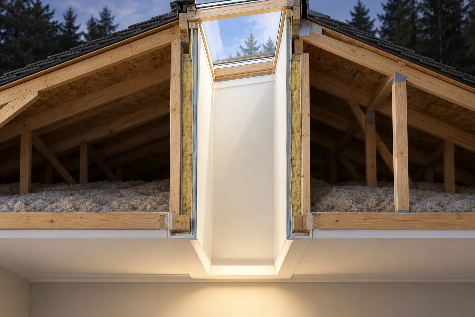 Closer shaft section with white lining, a thin blue-grey edge, insulation and framing between the skylight above and ceiling below.