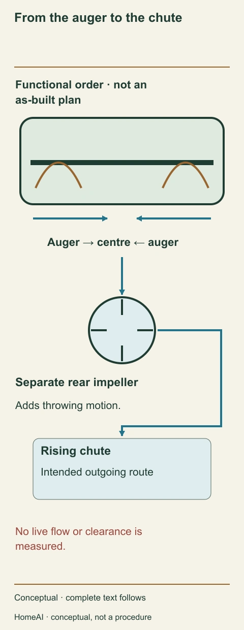 Portrait conceptual plan and side route distinguish opposed auger feed, centre transfer, rear impeller and rising chute.