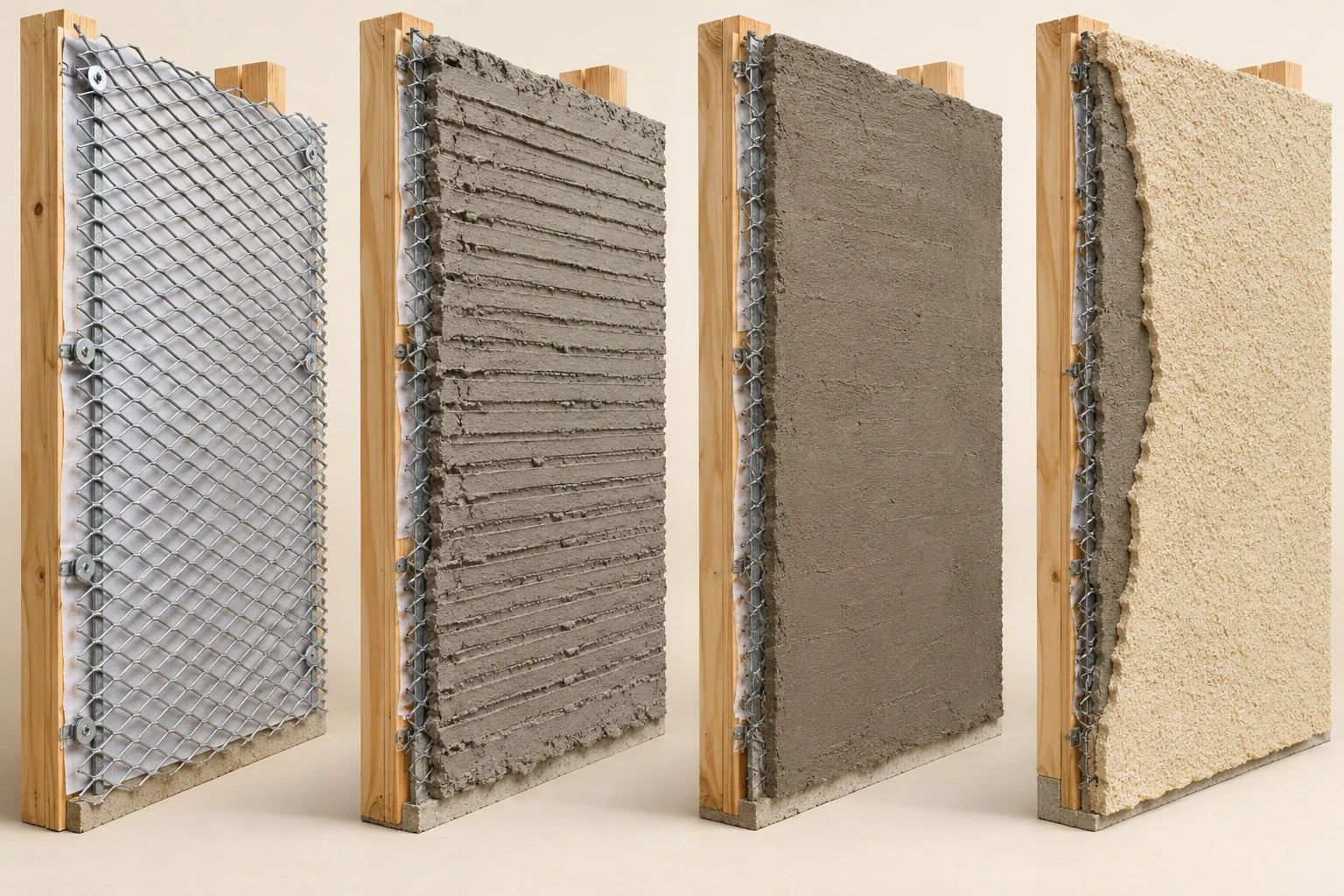 Four separate wall samples show exposed diamond metal lath, a horizontally scored grey scratch coat, a more even grey base coat and a pale textured finish.