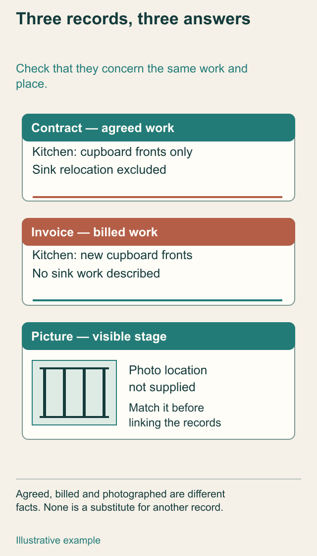 Original contract, invoice and illustrated construction-picture frame show their different information scopes.