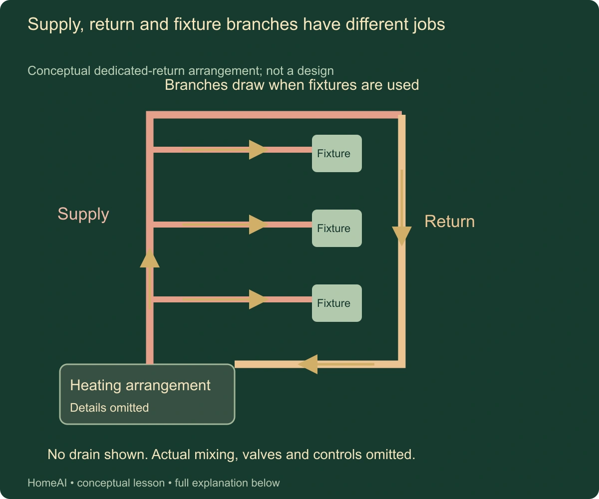 Supply, return and fixture branches have different jobs. Conceptual dedicated-return arrangement; not a design. Complete labels and relationships follow in static text.