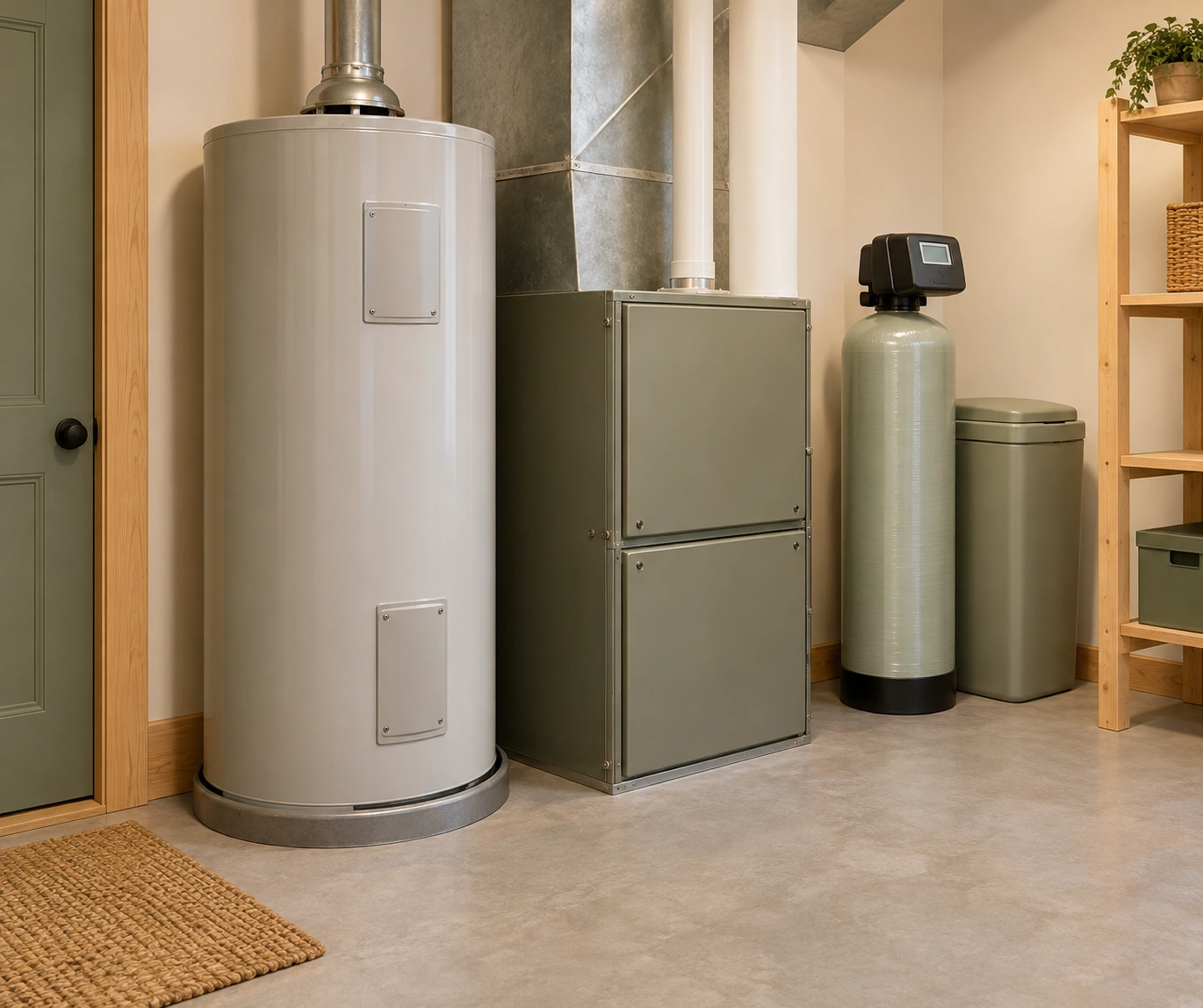 Close utility-room view of a tall closed cylindrical water heater with blank front panels, a separate closed furnace and water-treatment vessel with adjacent covered container.
