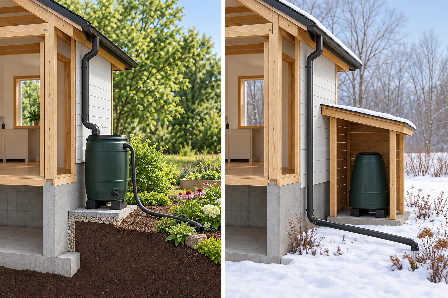 The separate warm-season view connects collection and upper overflow. In the cold-season view, the stored barrel is disconnected while the downspout continues above ground away from the foundation.