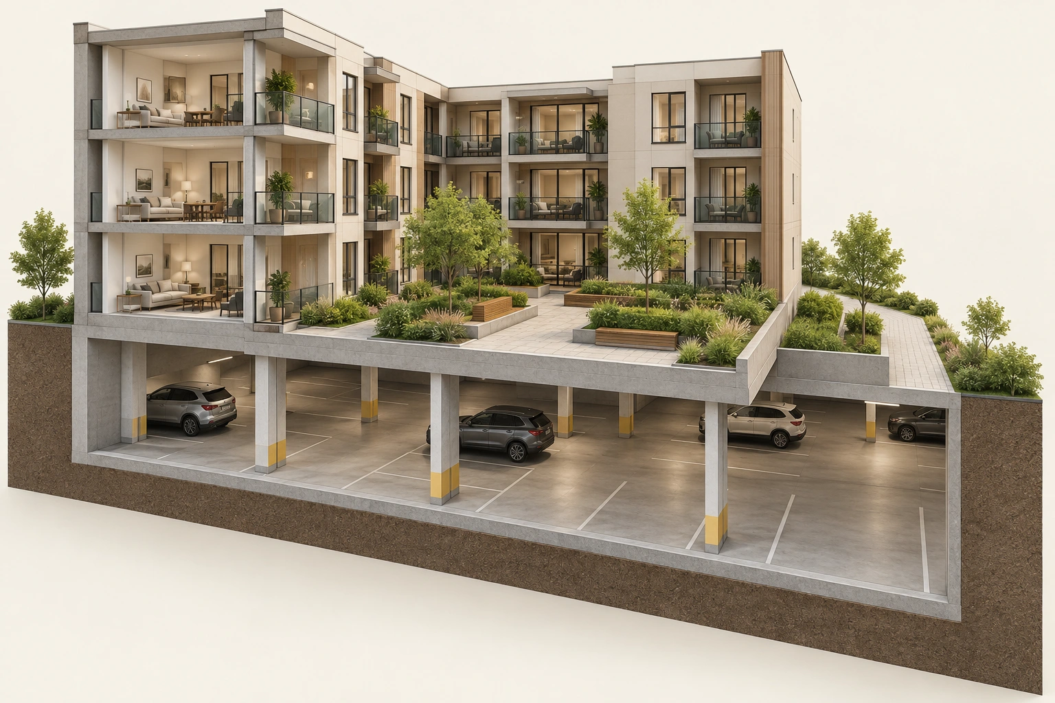 Courtyard above concrete parking level extending outside apartment walls visible; membrane and drains concealed.