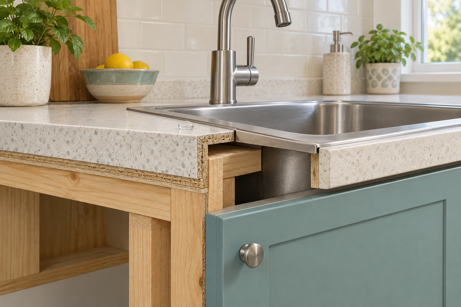 The cutaway places a top-mounted sink in a worktop above the box, exposing a conceptual edge and mounting context. No plumbing connections are drawn; those remain a separate actual trade question.