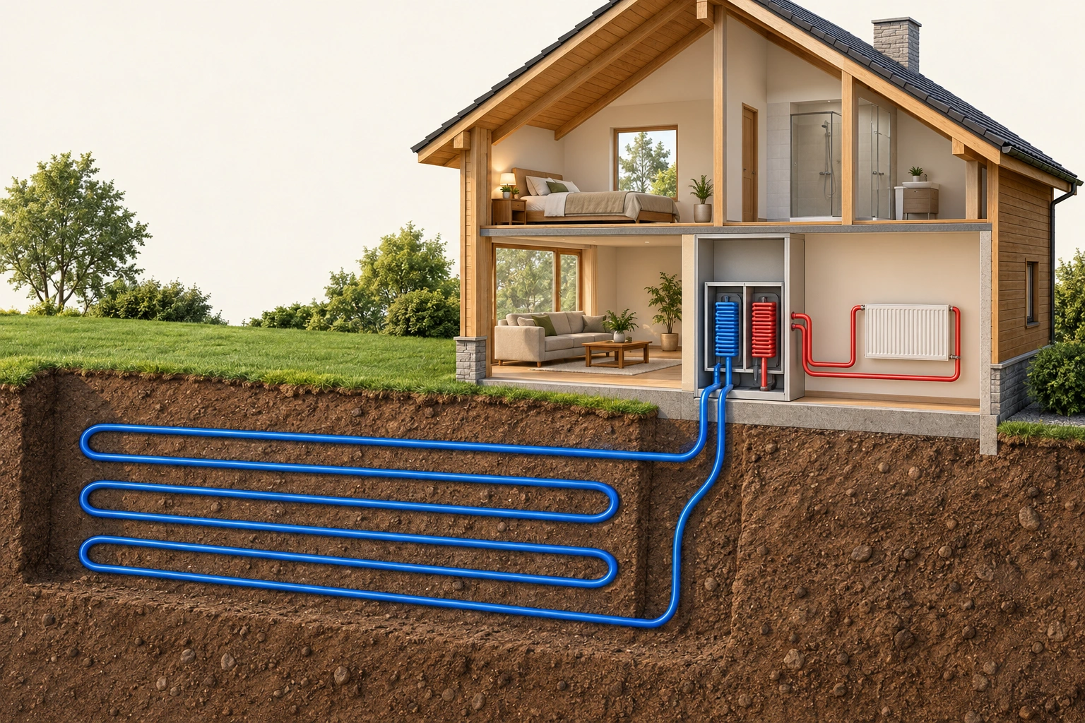 Source heat and room delivery follow separate routes. The blue buried route carries source-side fluid to and from the equipment; the red route connects the equipment with a room radiator. Heat moves between source and room delivery through the heat pump, but its refrigerant cycle and compression are not traced in this picture.