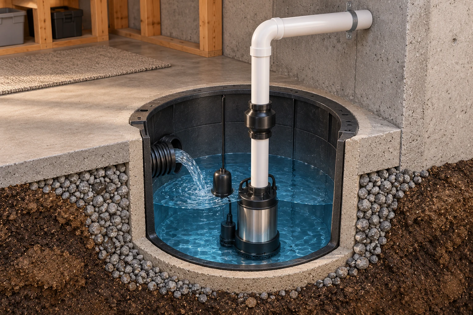 Closer conceptual sump-basin cutaway showing the inlet, float, pump and separate discharge riser.